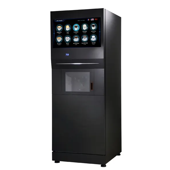 A black bean-to-cup coffee vending machine with a touchscreen menu of drinks