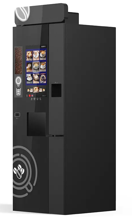 A slim black coffee vending machine